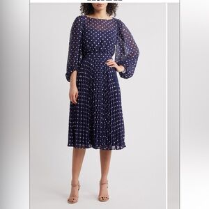 Eliza J Navy and White Pleated Midi Dress